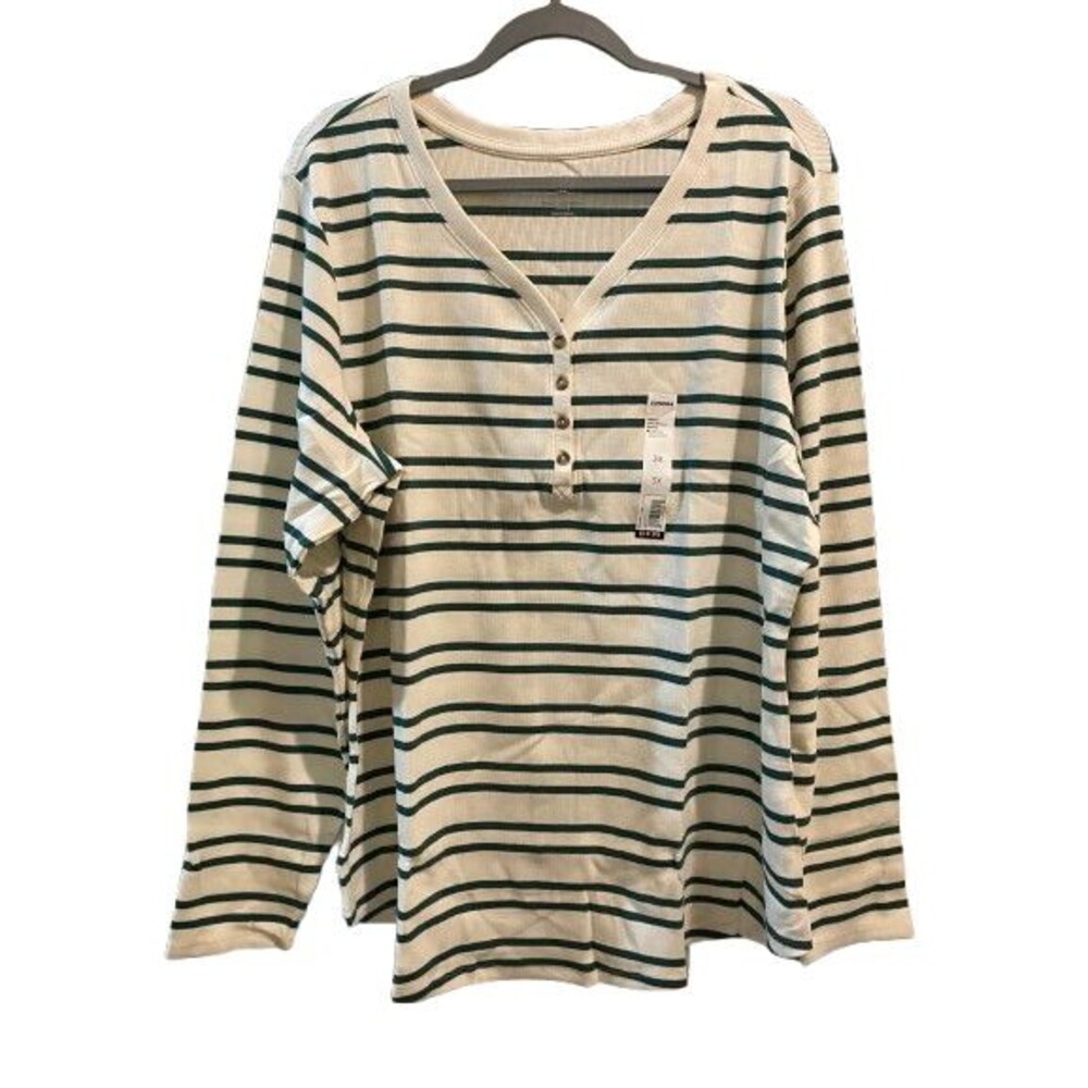 Women's 3X Tee Ribbed Long Sleeve Henley Sonoma Green Stripe Pull-over